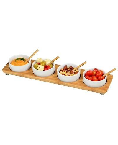 Picnic at Ascot Bamboo Divided Serving Platter with 4 Bowls and 4 Bamboo Spoons