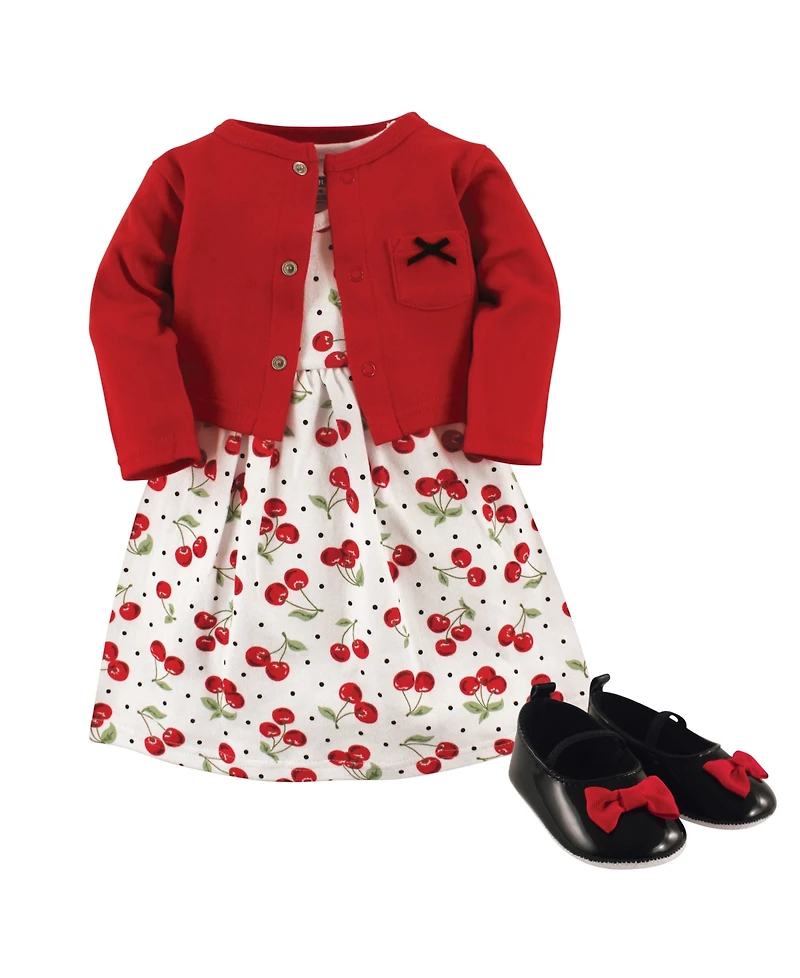 Hudson Baby Girls Cotton Dress, Cardigan and Shoe Set