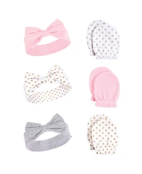 Hudson Baby Girls Cotton Headband and Scratch Mitten Set