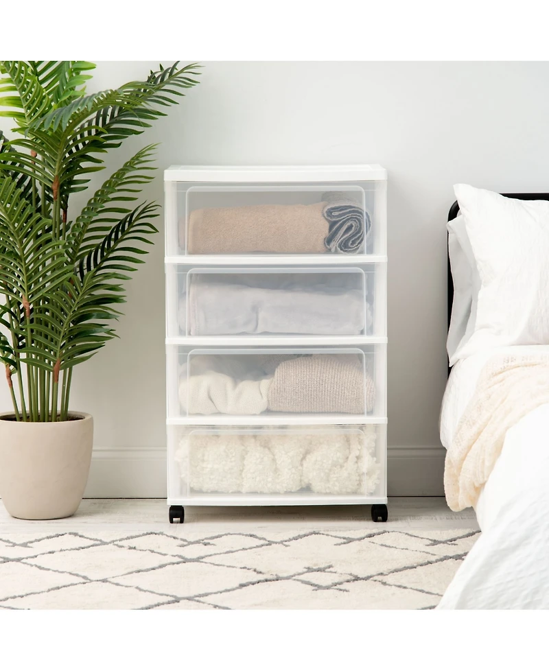 Iris Usa Plastic 4 Drawer Wide Storage Cart with 4 Caster Wheels, White