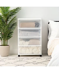 Iris Usa Plastic 4 Drawer Wide Storage Cart with 4 Caster Wheels, White