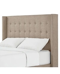 Amelina Tufted Beige Linen Nailhead Wingback Headboard, King