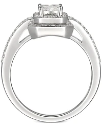 Cubic Zirconia Square Cluster Double Halo Ring Sterling Silver