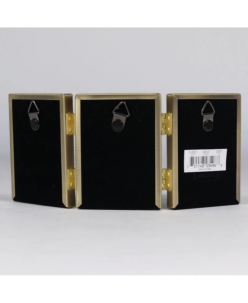 Lawrence Frames Antique Gold Brass Hinged Triple Picture Frame - Beaded Edge Design - 2" x 3"