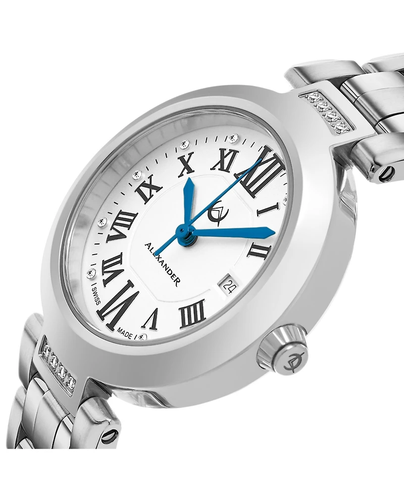 Alexander Watch AD203B-01, Ladies Quartz Date Watch with Stainless Steel Case on Stainless Steel Bracelet