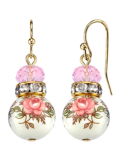 2028 Gold Tone Lt. Rose Pink and Floral Beaded Drop Earrings