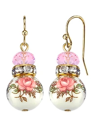 2028 Gold Tone Lt. Rose Pink and Floral Beaded Drop Earrings