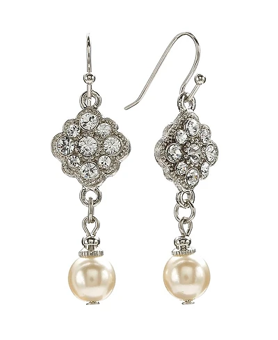 2028 Silver-Tone Crystal and Simulated Pearl Drop Earrings