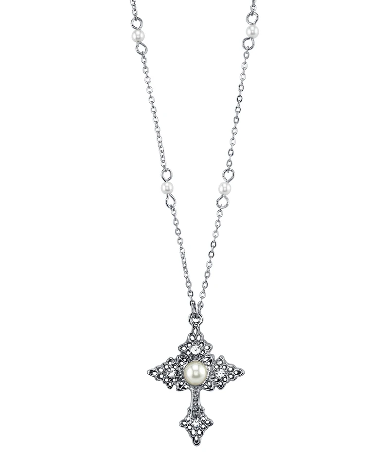 2028 Silver Tone Filigree Cross with Simulated Pearl Crystal Accent Necklace 16" Adjustable