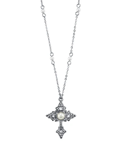 2028 Silver Tone Filigree Cross with Simulated Pearl Crystal Accent Necklace 16" Adjustable