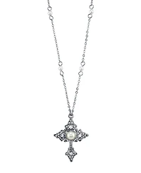 2028 Silver Tone Filigree Cross with Simulated Pearl Crystal Accent Necklace 16" Adjustable