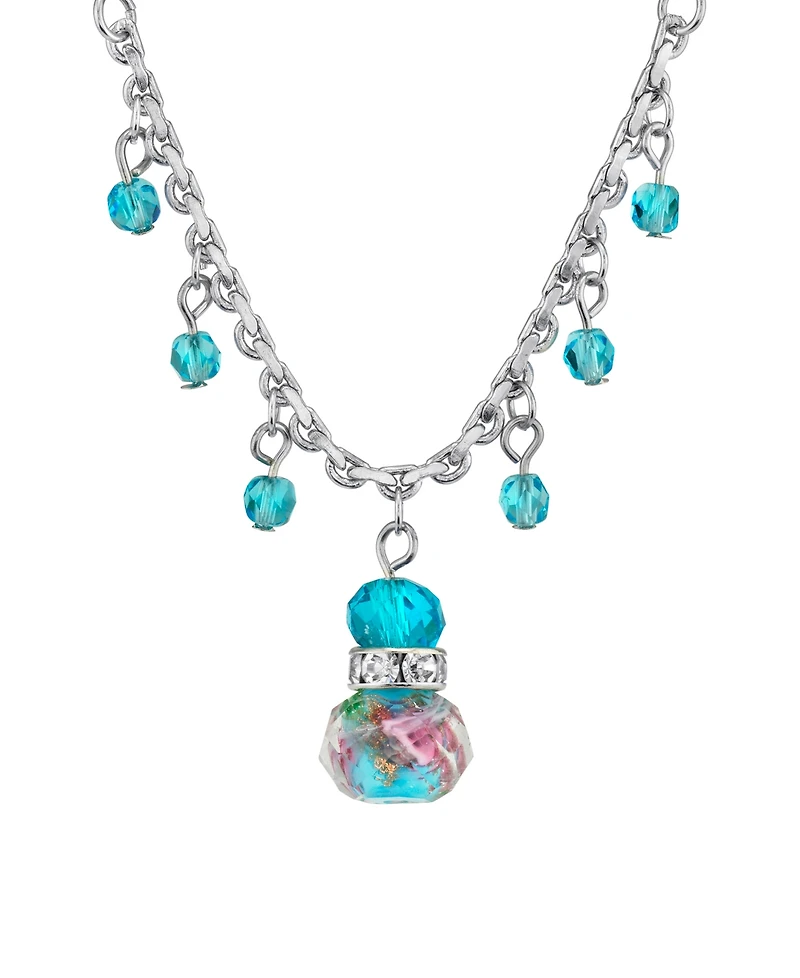 2028 Silver Tone Aqua Pink Flower Beaded Drop Necklace 16" Adjustable