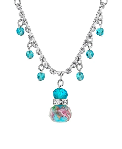 2028 Silver Tone Aqua Pink Flower Beaded Drop Necklace 16" Adjustable