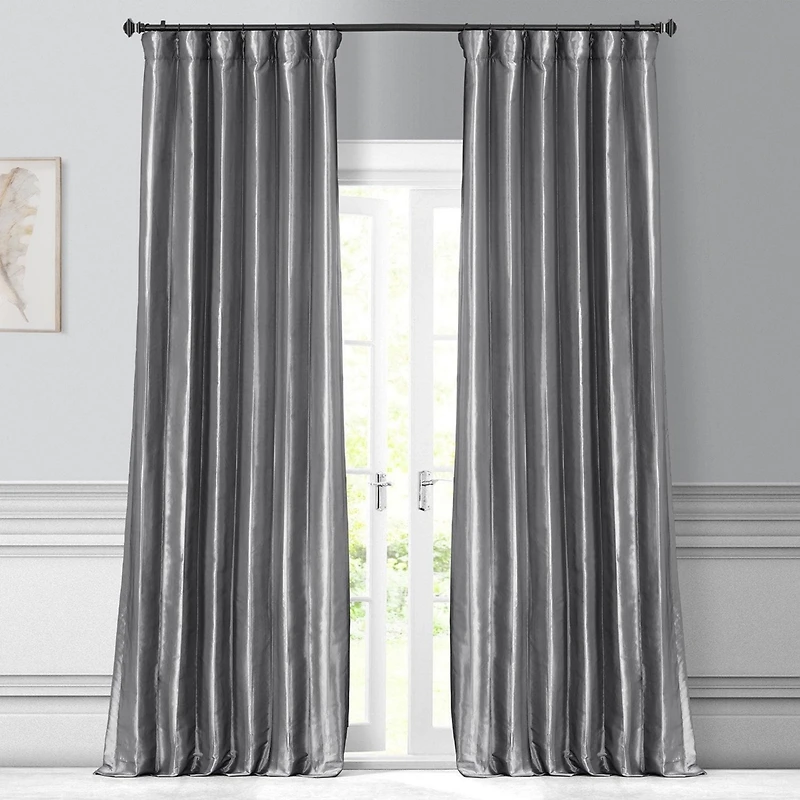 Half Price Drapes Platinum Solid Faux Silk Taffeta Room Darkening Curtain