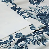 Half Price Drapes Indonesian Blue Floral Printed Cotton Room Darkening Curtain