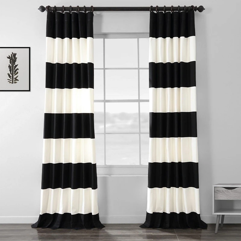 Half Price Drapes Onyx Black & Off White Horizontal Striped Printed Cotton Room Darkening Curtain