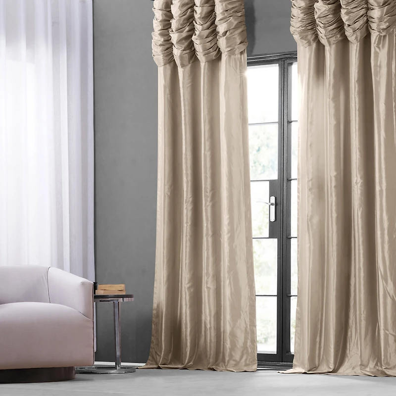 Half Price Drapes Antique Beige Ruched Solid Faux Silk Taffeta Room Darkening Curtain