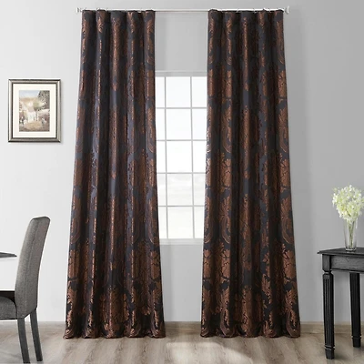 Half Price Drapes Magdelena Black & Copper Damask Faux Silk Jacquard Room Darkening Curtain