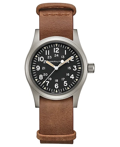 Hamilton Unisex Swiss Mechanical Khaki Field Brown Leather Strap Watch 38mm