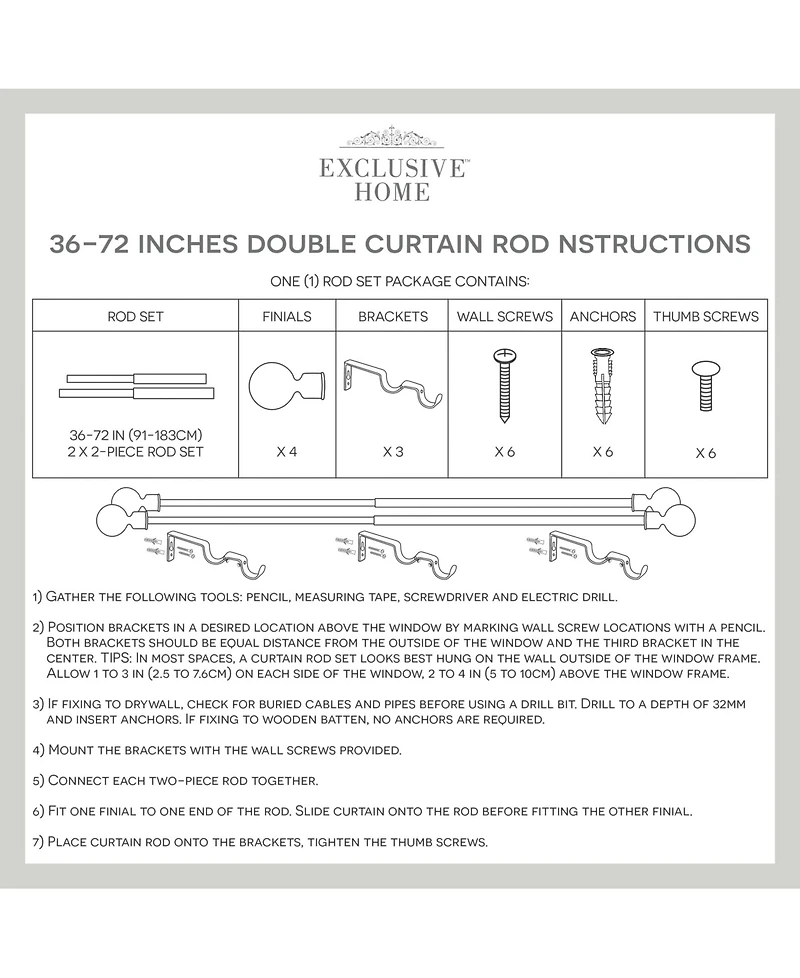 Exclusive Home Prism Double Curtain Rod and Finial Set, 36"-72"