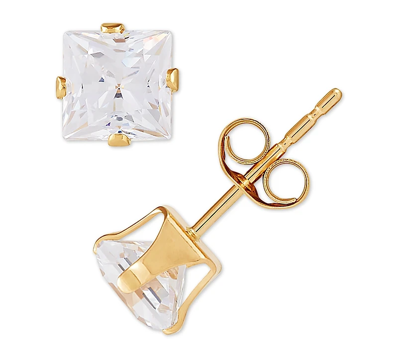 Cubic Zirconia Princess Stud Earrings in 14k Gold
