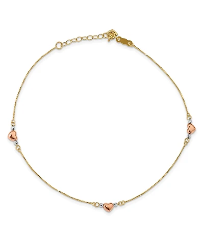 Puffed Heart Anklet with Adjustable 1" Extender in 14k Multi-Gold
