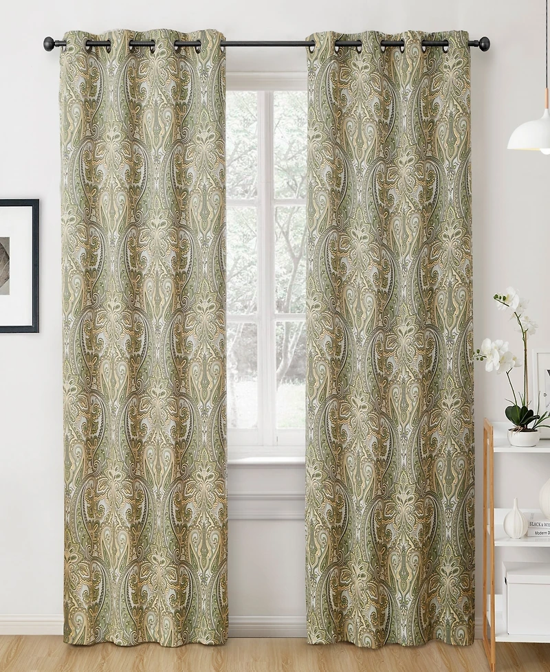 Hlc.me Paris Paisley Decorative Print Damask Pattern Light Reducing Filtering Grommet Window Curtain Panels, Set of 2 (Sage green