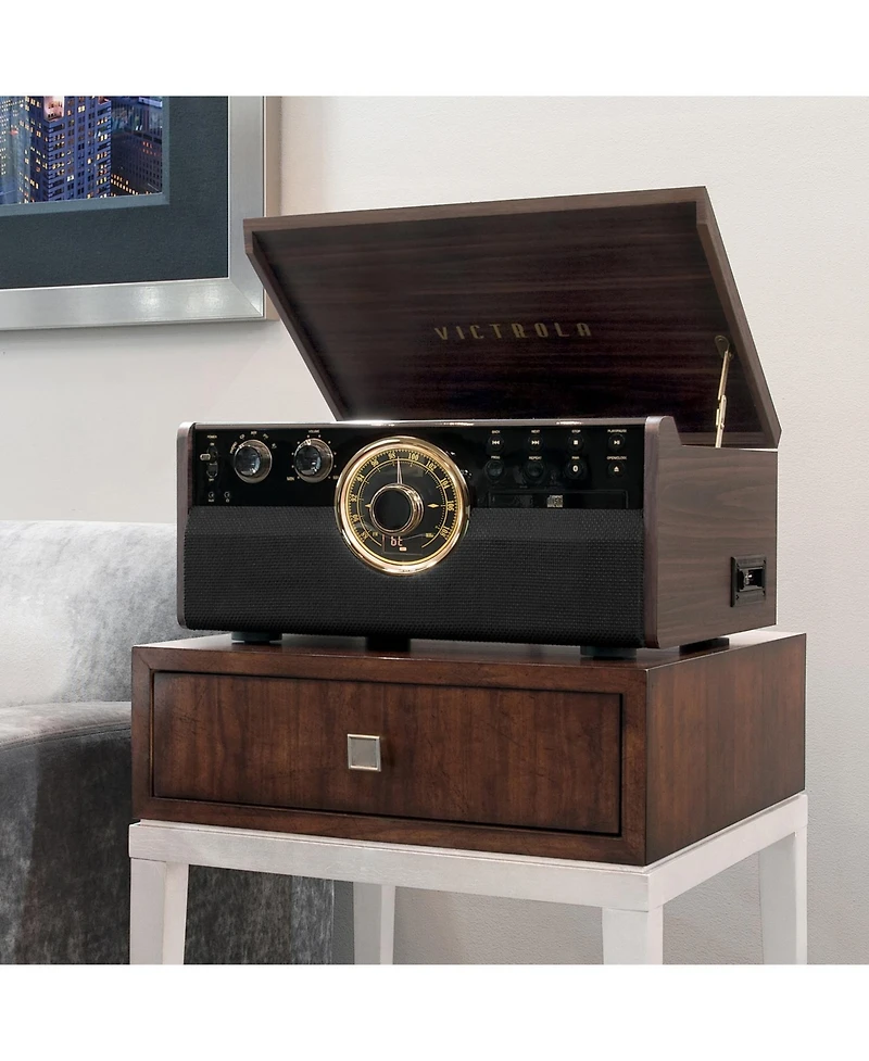 Innovative Technology Victrola 6-in-1 Wood Empire Mid Century Modern Bluetooth Record Player with 3-Speed Turntable, Cd, Cassette Player and Radio