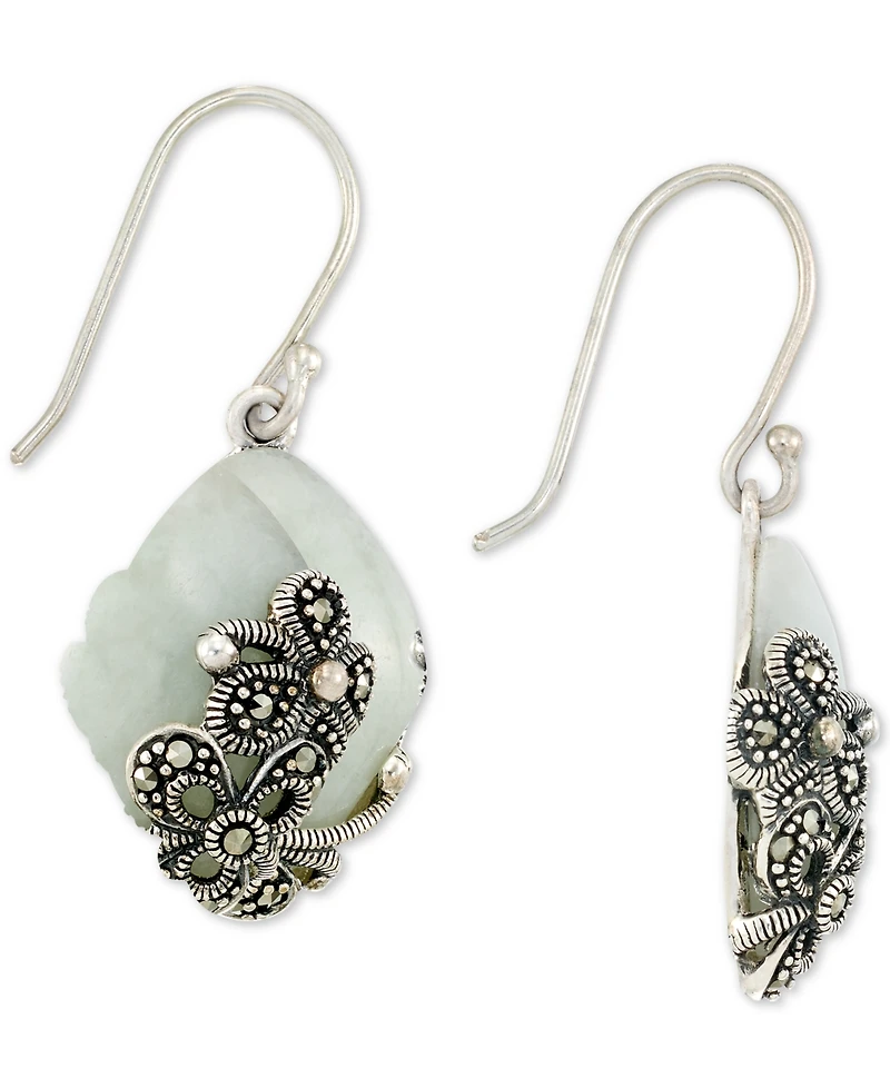 Jade (15 x 20 x 4mm) & Marcasite Flower Drop Earrings in Sterling Silver