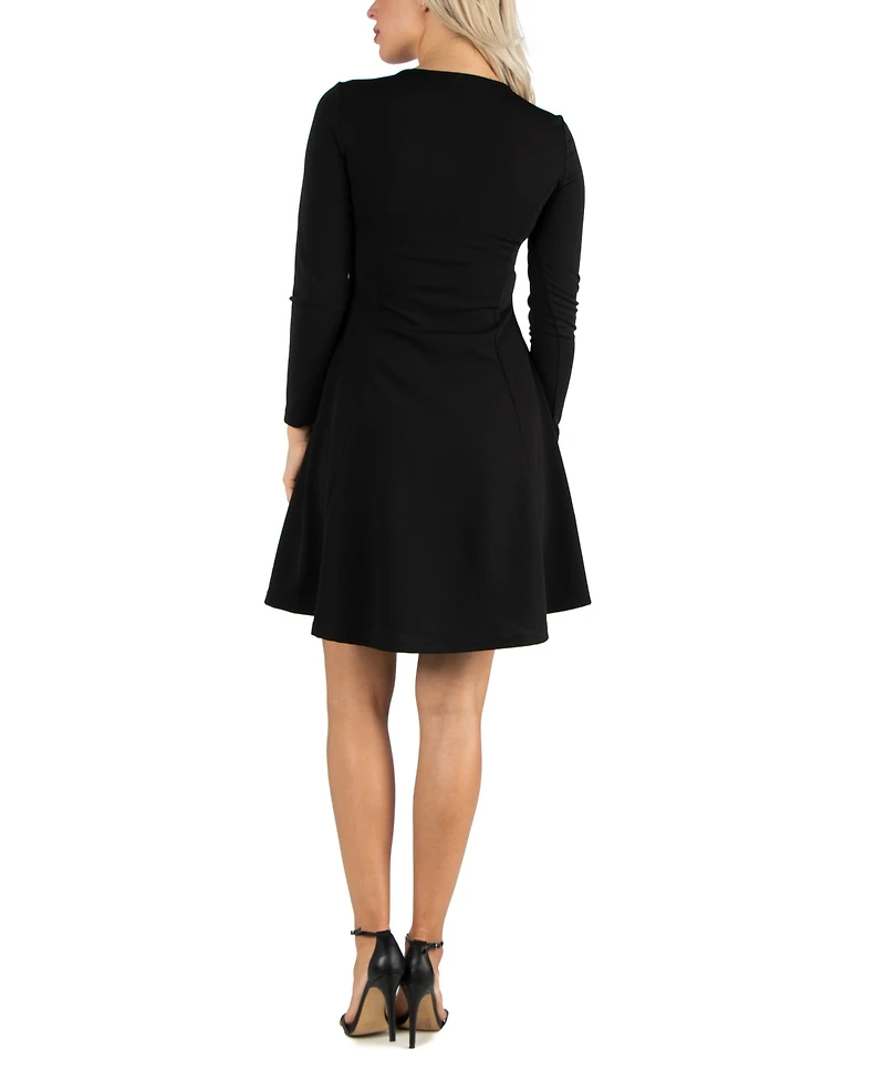 24seven Comfort Apparel Women's Simple Long Sleeve Knee Length Flared Dress