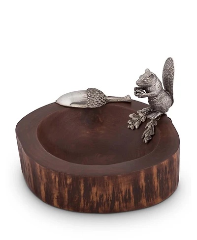 Vagabond House Wood Nut, Candy Bowl with Standing Pewter Squirrel and Metal Pewter Scoop