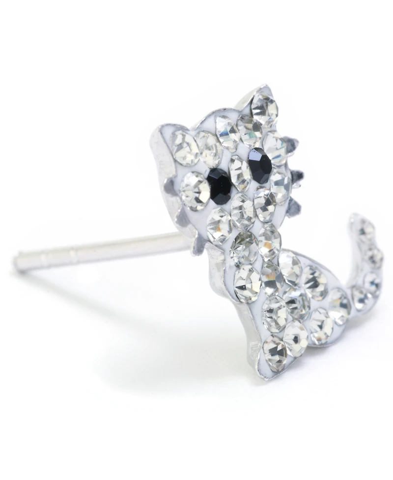 Crystal Pave Little Cat with Whiskers Stud Earrings in Sterling Silver