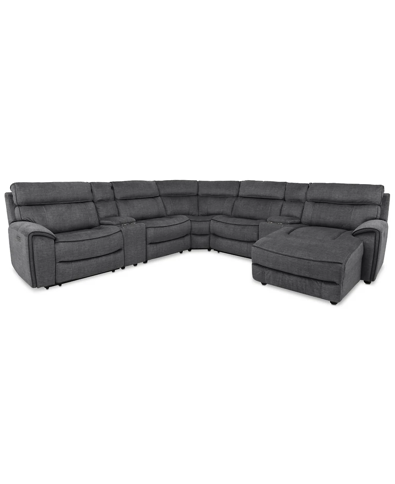 Closeout! Hutchenson 7-Pc. Fabric Chaise Sectional with 3 Power Recliners and 2 Consoles