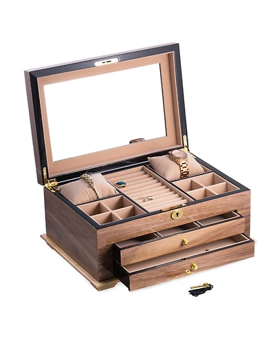 Bey-Berk Walnut 3 Level Jewelry Box with Gold tone Accents and Locking Lid