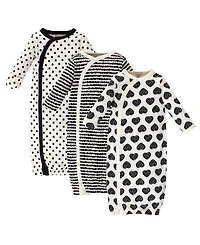 Touched by Nature Baby Girls Organic Cotton Side-Closure Snap Long-Sleeve Gowns 3pk, Heart, Preemie