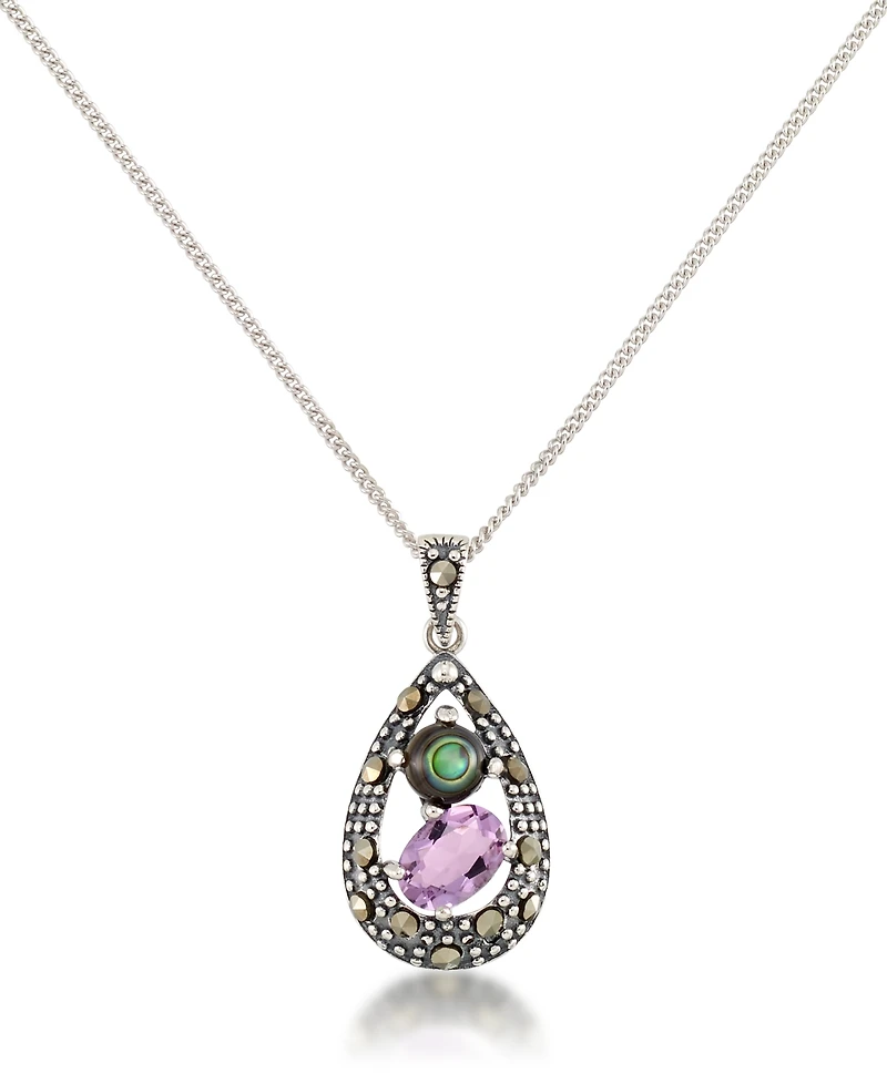 Marcasite, Amethyst (7/8 ct. t.w.) and Abalone (1-1/2 ct. t.w.) Teardrop Pendant+18" Chain in Sterling Silver
