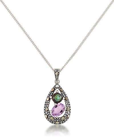 Marcasite, Amethyst (7/8 ct. t.w.) and Abalone (1-1/2 ct. t.w.) Teardrop Pendant+18" Chain in Sterling Silver