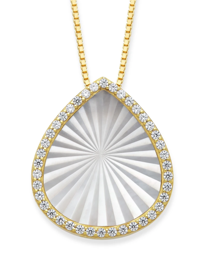 Mother of Pearl 15x13mm and Cubic Zirconia Pear Shaped Pendant with 18" Chain in Gold over Silver