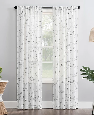 Delia Embroidered Floral Sheer Rod Pocket Curtain Panel