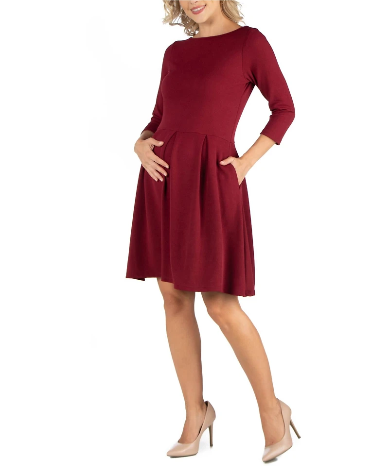 24Seven Comfort Apparel Knee Length Fit N Flare Maternity Dress with Pockets
