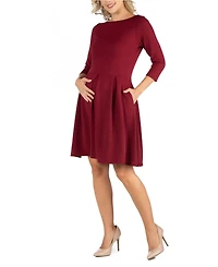 24Seven Comfort Apparel Knee Length Fit N Flare Maternity Dress with Pockets
