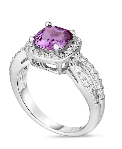 Simulated Birthstone Cushion Cubic Zirconia Halo Solitaire Ring Silver Plate