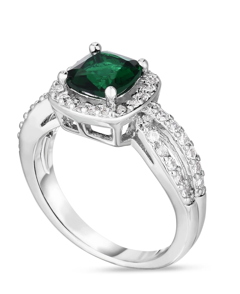 Simulated Birthstone Cushion Cubic Zirconia Halo Solitaire Ring in Silver Plate