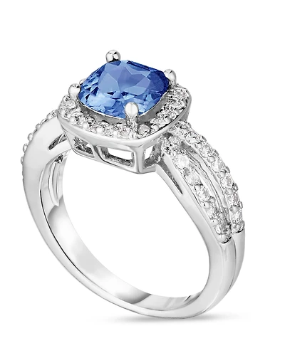Simulated Birthstone Cushion Cubic Zirconia Halo Solitaire Ring Silver Plate