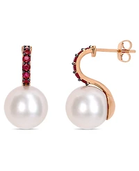 Freshwater Cultured Pearl (11-12mm) and Ruby (1/2 ct. t.w.) Drop Earrings in 10k Rose Gold