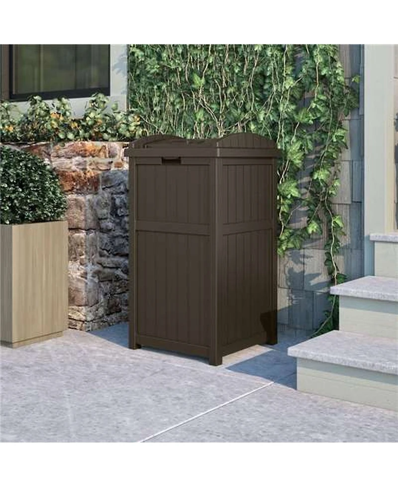 Suncast Trash Hideaway Outdoor Patio 33 Gallon Garbage Waste Trash Can Bin