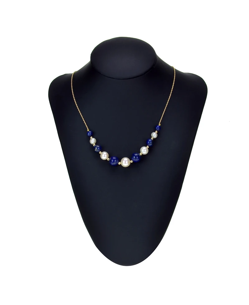 White Freshwater Cultured Pearls (6.5-9.5mm) with Blue Lapis (27 ct. t.w), and Gold Beads (3mm) 18" Necklace 14k Yellow Gold. Also Available O