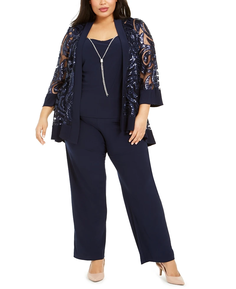 R & M Richards Plus 2-Pc. Sequined Jacket Top Straight-Leg Pants