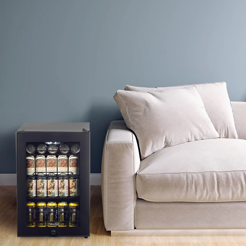 Newair Beverage Refrigerator Cooler, 90 Can Capacity Fridge in Black, Adjustable Shelves and Glass Door with Lock, Small Refrigerator, Beer Wine or So