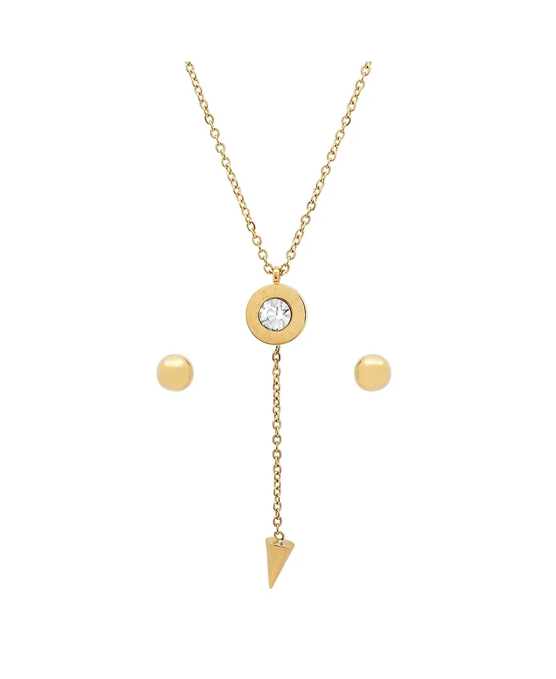 Steeltime Ladies 18K Gold Plated Stainless Steel Roman Numeral Center Drop Necklace Set, 2 Piece